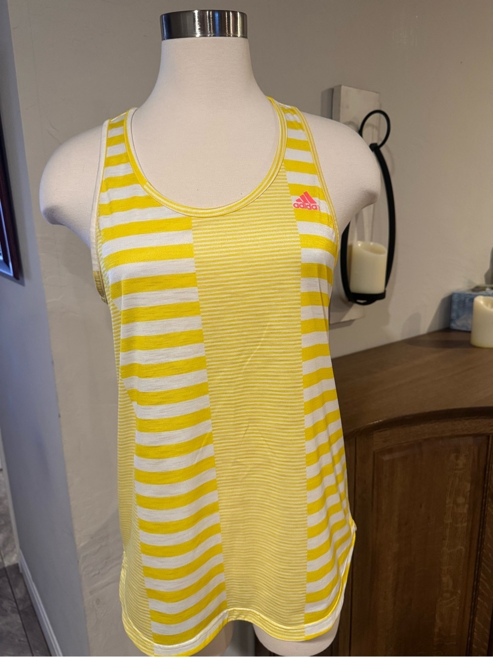 adidas Yellow & White Striped Athletic Tank